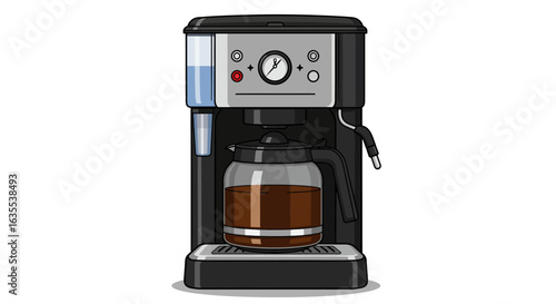 Black coffeemaker with a glass pot filled with coffee sits on a warming plate The machine features gauges and a water reservoir