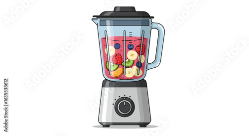 Blender with a mix of fruits and a pink liquid inside