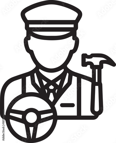 Professional auto mechanic fixing vehicle with hammer and steering wheel emblem, showing skilled service and reliable automotive maintenance