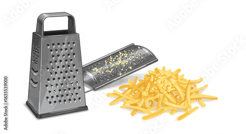 Depicts a box grater and flat grater next to a pile of shredded cheese isolated on a white background