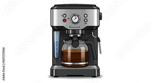 Espresso machine brews coffee into glass pot water level visible