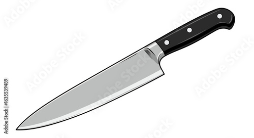 Illustration of a kitchen knife with a black handle and a silver blade on a white background