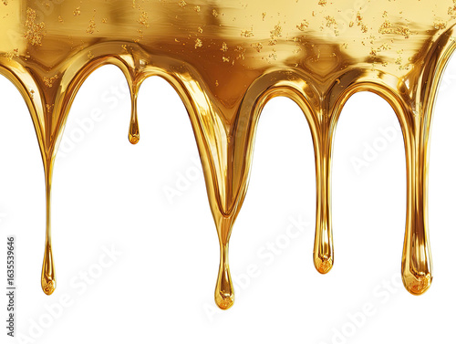 Gold liquid drips against a black background.  Shiny, viscous, golden liquid flows downwards in thick, irregular streams, forming teardrops.  Close-up view