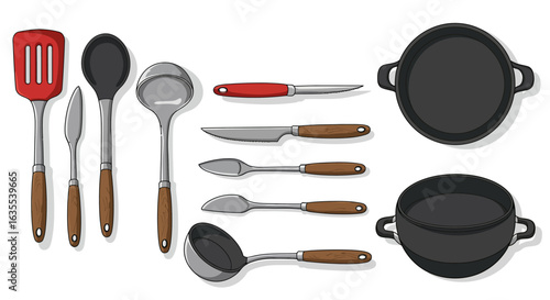 Kitchen utensils spatula spoons knives pots