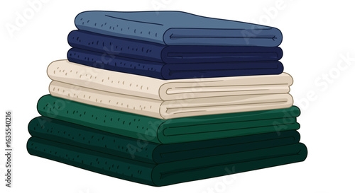 Stack of folded towels blue beige  green each with subtle speckled patterns