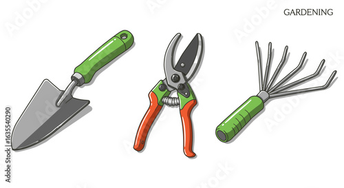 Three gardening tools are displayed trowel clippers and rake with green and orange handles on a white background