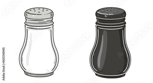 Two salt  pepper shakers one whitegrey the other blackgrey simple design isolated on a white background