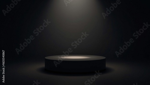 Dark photography studio set with heavy black fabric curtain, elevated round pedestal, single light source from above, high contrast