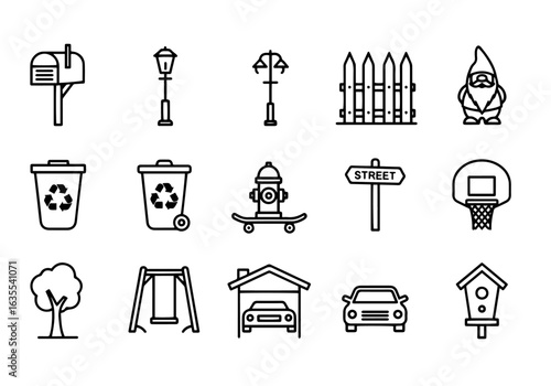 Neighborhood & Urban Life Vector Icon Set | Bold Line Style | Mailbox, Street Lamp, Fence, Recycling Bin, Fire Hydrant, Car Icons


