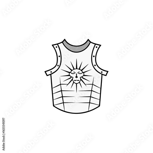 Illustration of a white breastplate with a sun face emblem and black outline details design art on transparent background