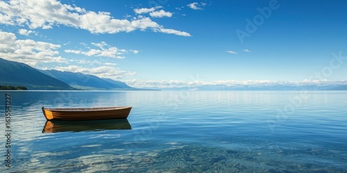 Fototapeta Naklejka Na Ścianę i Meble -  A scenic lake where a single rowboat floats peacefully toward the distant horizon