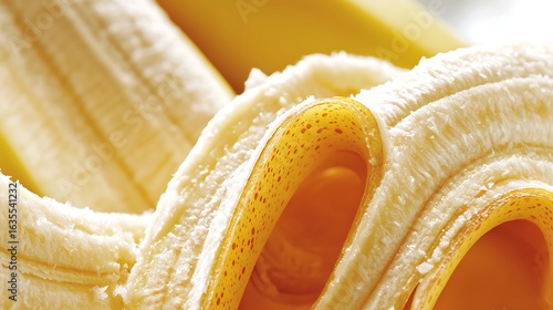Fresh banana with clean peel laid diagonally, shot using mirrorless camera, 50mm lens, highlighting smooth surface and soft diffuse lighting with crisp white background