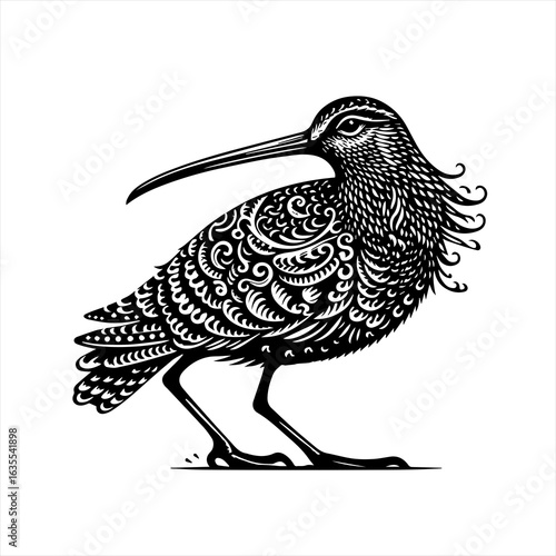Stylized black and white illustration of a curlew bird