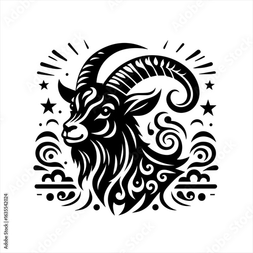 Stylized black and white capricorn zodiac symbol with ornate details