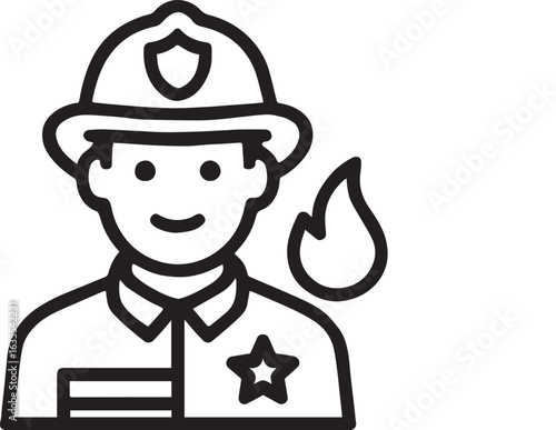 Brave firefighter icon ready for action in clean modern line art design, conveying safety, heroics, and community service for professional projects