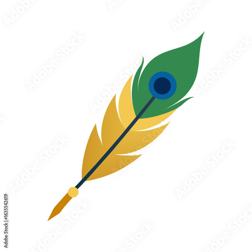 Illustration of a peacock feather with green, gold, and blue colors on a white background design view on transparent background