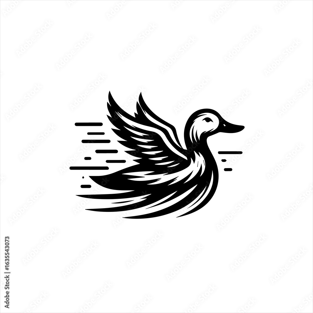 Fototapeta premium Stylized black and white duck with wings spread in motion