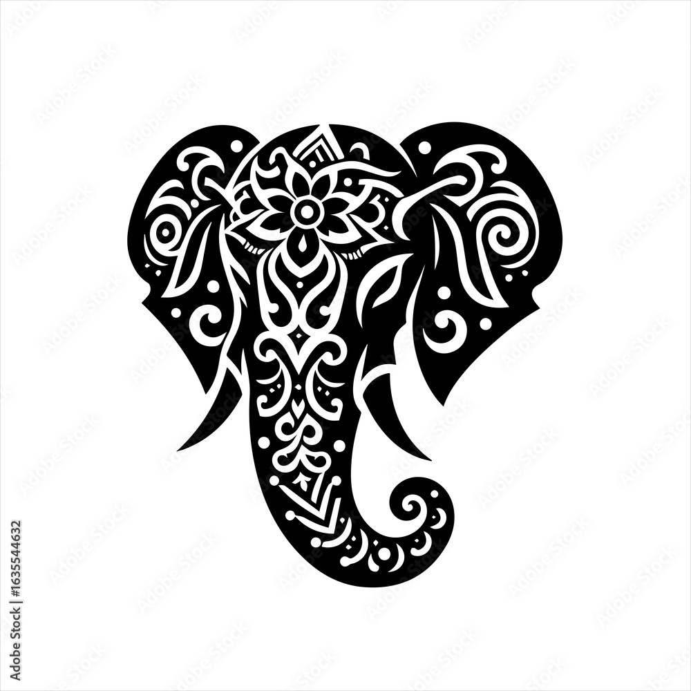 Fototapeta premium Intricate black and white tribal elephant head design