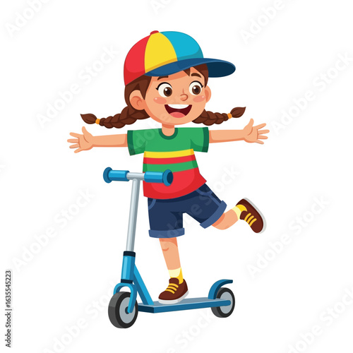 Vector art of happy girl riding a scooter isolated on white background