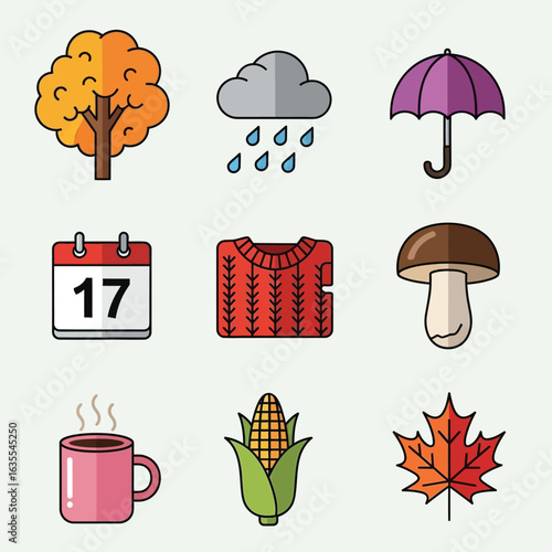 Vector art of autumn season icons set with tree, rain, umbrella, sweater, mushroom