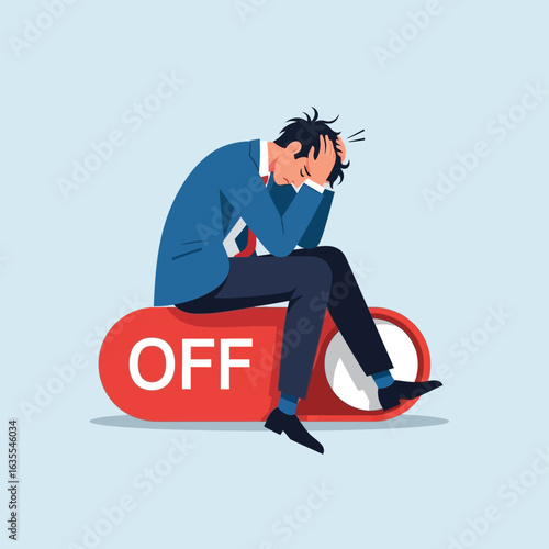 Illustration Vector art of stressed businessman sitting on an off switch, symbolizing failure
