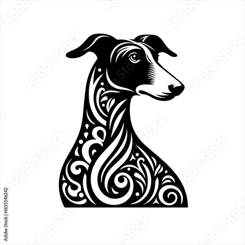 Elegant greyhound head with decorative swirls and patterns