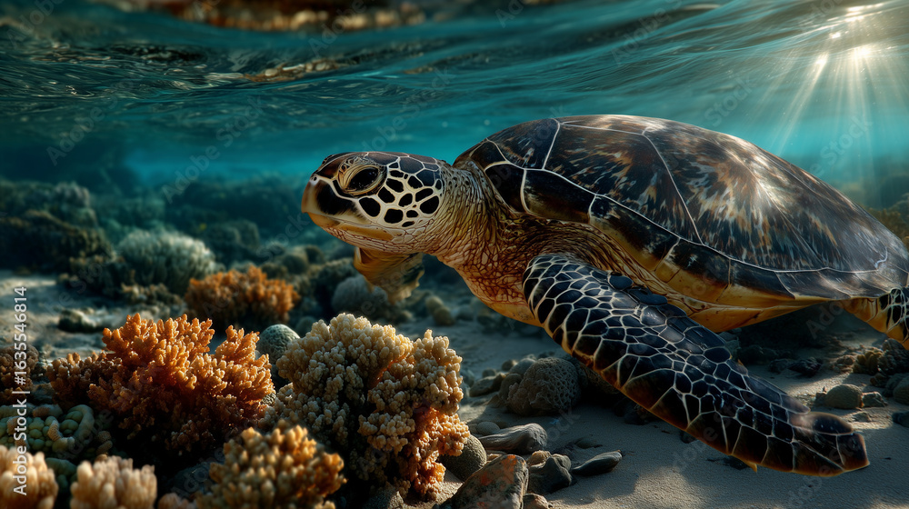 Fototapeta premium Sea Turtle Swimming Past Soft Coral in Sunlight