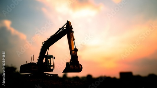 Wallpaper Mural Excavator silhouette against vibrant sunset sky, construction site softly blurred in background.
 Torontodigital.ca