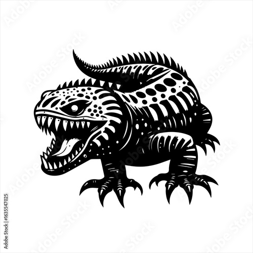 Fierce black and white illustration of a stylized lizard monster