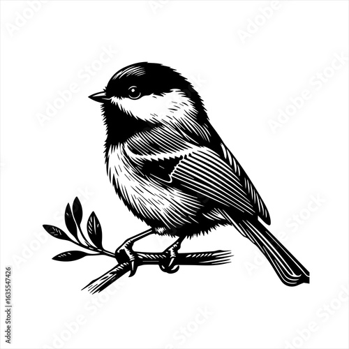 Black and white illustration of a chickadee perched on a branch