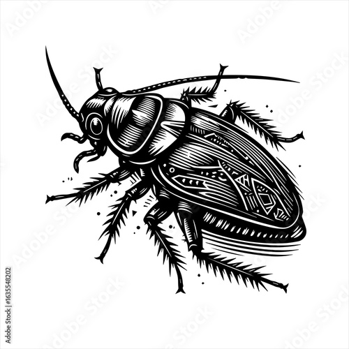 Detailed linocut style illustration of a cockroach
