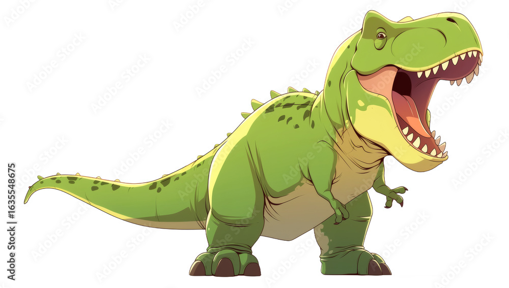 Fototapeta premium A green Tyrannosaurus rex dinosaur standing on all fours with its mouth wide open, depicted in a cartoon style illustration.