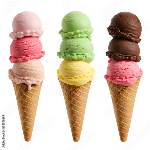 Photorealistic Image of Three Ice Cream Cones with Various Flavors on Transparent Background