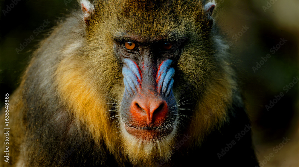 Fototapeta premium Close up of a male mandrill with striking facial markings and fur colors