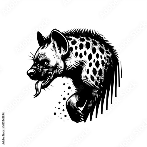Aggressive hyena head with tongue out in black and white
