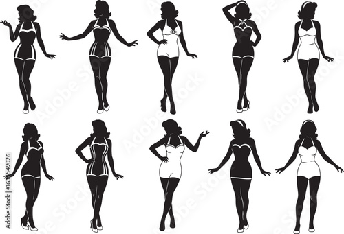 A collection of ten vintage pin-up girl silhouettes in classic swimsuits and high heels, posing elegantly