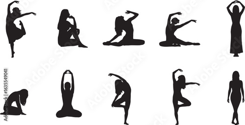 A collection of black silhouettes of women in various elegant dance, yoga, and contemplative poses