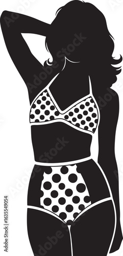 A woman's silhouette in a retro polka dot bikini, striking a classic pin-up pose