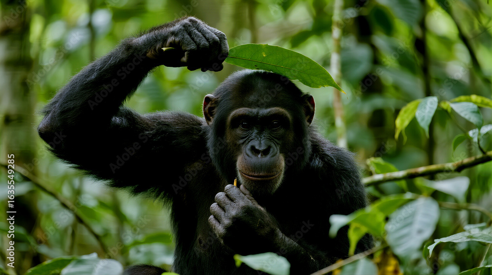 Obraz premium Intelligent Chimpanzee Raising Arm Under Green Leaf in Lush Forest Habitat