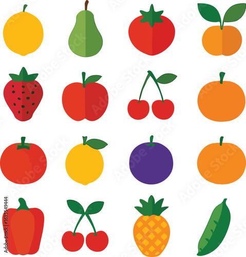 Colorful Fruit and Vegetable Icon Set, Simple Fresh Produce Vector Collection