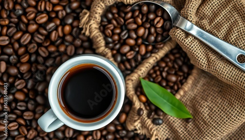 Two espresso cups, coffee beans, metal scoop, burlap sack on black  Arabica, top view,   organic,  hot