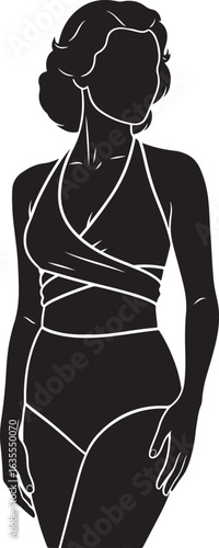 Elegant silhouette of a curvy woman in a stylish wrap-around halter swimsuit