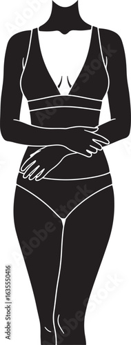 Minimalist black silhouette of a curvy woman in a bikini with her arms crossed