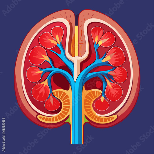 Detailed cross section of a human kidney anatomy
