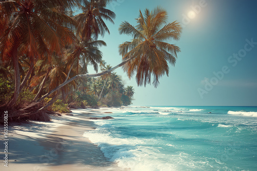 Fototapeta Naklejka Na Ścianę i Meble -  Tropical sandy ocean beach with palm trees vintage toned photo with abstract  film distress and flare light leak,retro grain noisy film distressed texture light leak flare background