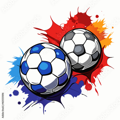 Dynamic soccer balls with colorful splatter background