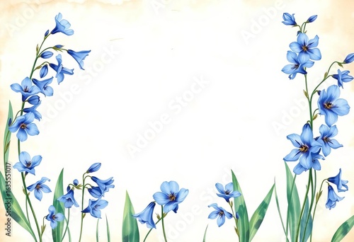 Vintage bluebell watercolor clipart border on parchment paper, central copy space for journaling, aged, printable