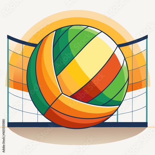 Colorful volleyball in front of net with warm sunset background