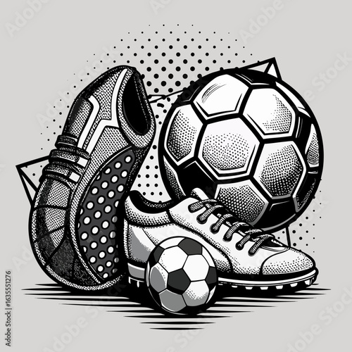 Dynamic soccer gear and balls composition with geometric elements