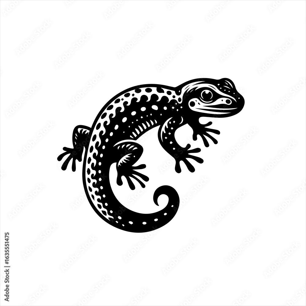 Fototapeta premium Stylized black and white gecko illustration with spotted pattern